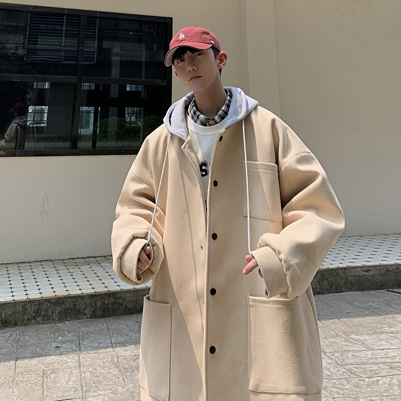 简约中长款风衣连帽撞色宽松青少年bf男毛呢大衣DY09P120,男装风衣,电商A070