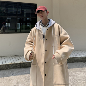 简约中长款风衣连帽撞色宽松青少年bf男毛呢大衣 DY09 P120图片