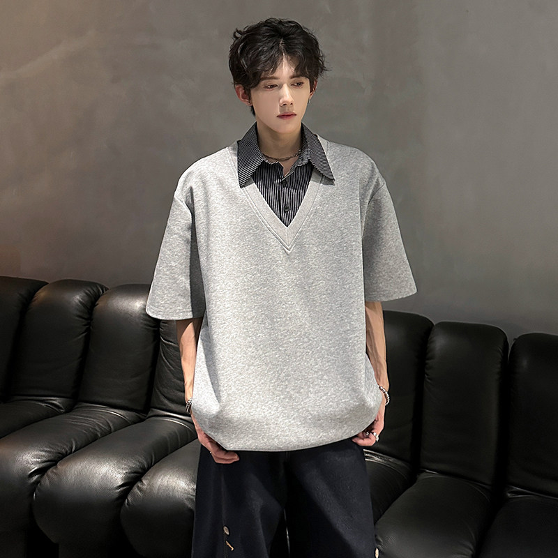 假两件潮流V领拼接衬衫领垂感T恤宽松百搭polo衫短袖CD1083P48，商品下架区商品下架区，电商A070