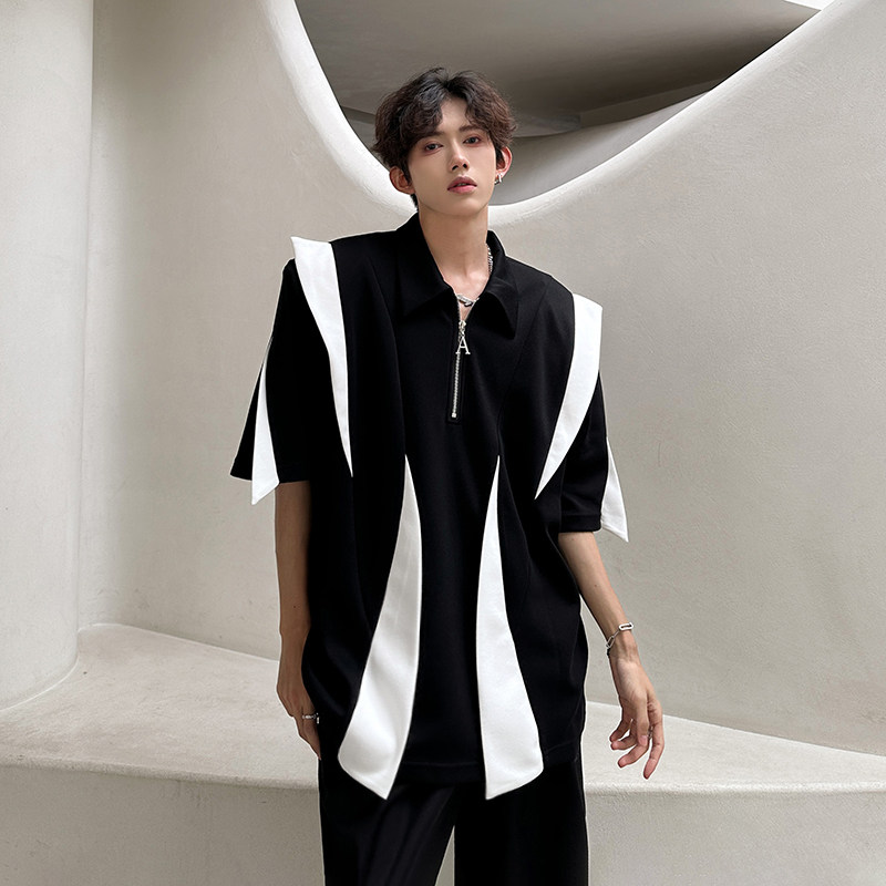 垫肩半袖小众解构拼接高级方领T恤感高街短袖男polo衫CD1048P60，男装T恤，电商A070