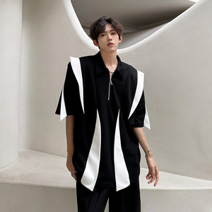 垫肩半袖小众解构拼接高级方领T恤感高街短袖男polo衫 CD1048 P60,男装T恤,电商A070