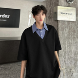 假两件设计潮流拼接衬衫领垂感T恤宽松百搭polo衫短袖CD1086P48，商品下架区，电商A070