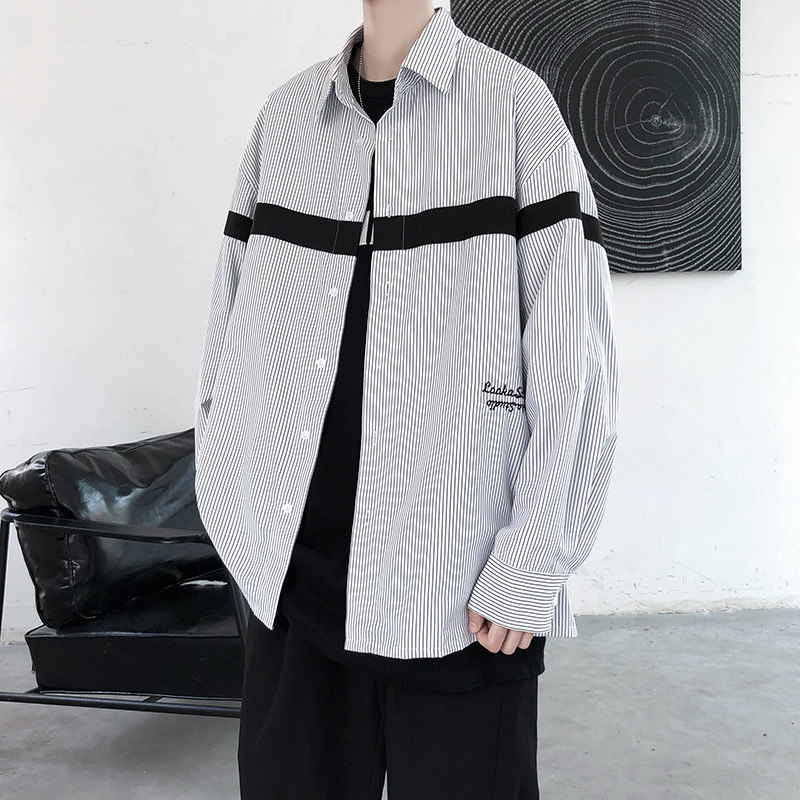 条纹宽松长袖薄衬衣打底韩男生港味衬衫 C906 P45图片