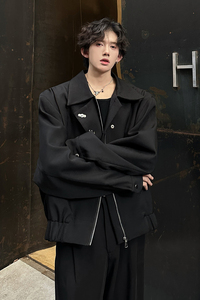 老钱风金属设计高级感黑色外套痞帅宽松高街男夹克 JK346 P88图片