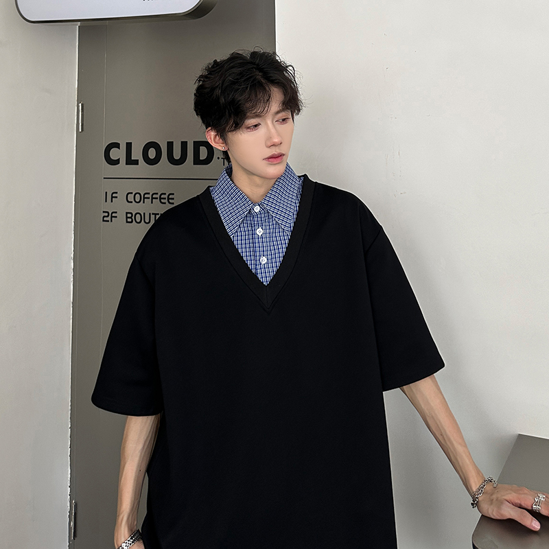 假两件设计潮流拼接衬衫领垂感T恤宽松百搭polo衫短袖CD1086P48，商品下架区商品下架区，电商A070