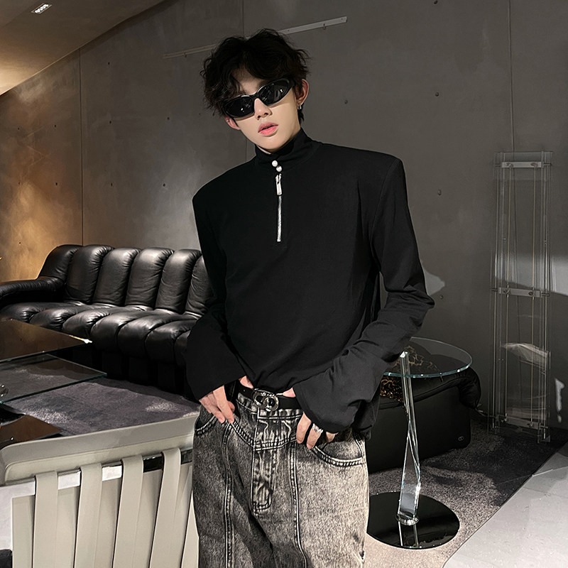 垫肩款珍珠拉链装饰半高领设计感T恤韩版厚打底衫长袖CD2258P58，男装T恤，电商A070