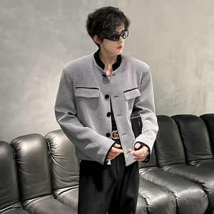 垫肩短款小香风千鸟格中性外套小西服帅气立领男夹克 JK375 P108图片