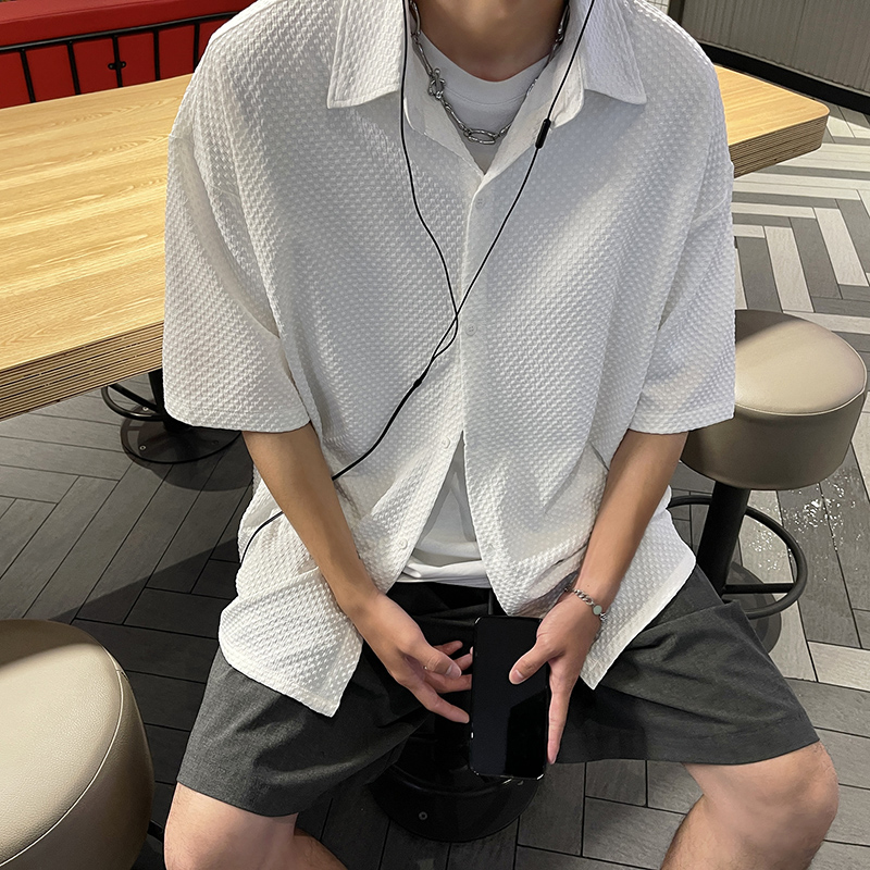 华夫格纯色宽松衬衣帅气港风男薄款泡泡短袖白衬衫CS912P38，男装衬衫，电商A070