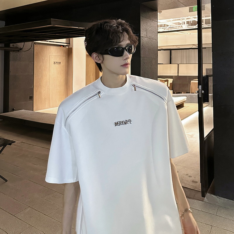 垫肩设计金属多拉链潮圆领T恤重工高质感原创夏男短袖CD1078P48，男装T恤，电商A070