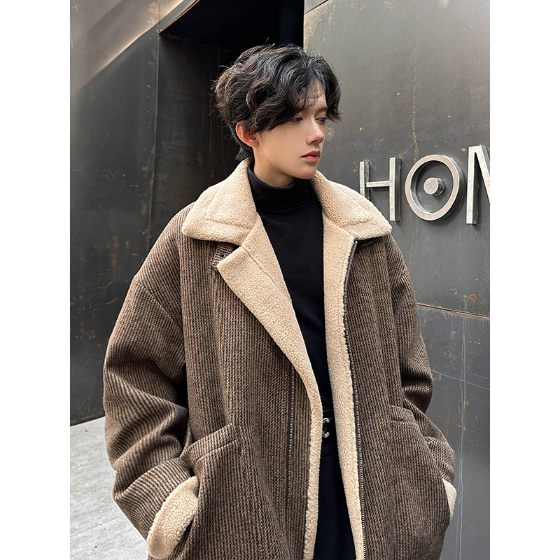 羊羔绒设计感冬棉服男宽松加厚保暖毛呢棉袄外套棉衣312P128,男装棉衣,电商A070