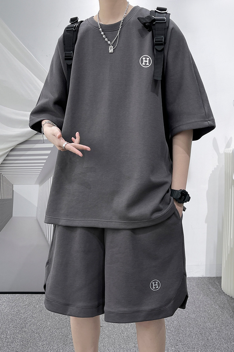 夏大码刺绣短袖T恤套装男潮牌宽松短裤休闲两件套装TZ751P85,男装T恤,电商A070