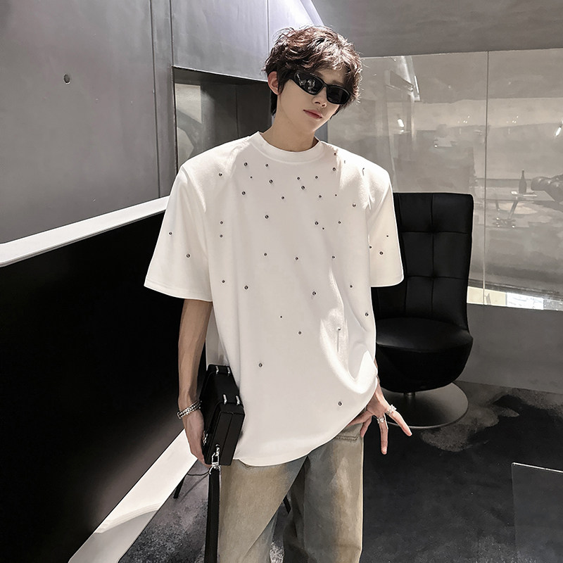 垫肩重磅男T恤美式高街手工金属珍珠设计男小众短袖CD1061P48,男装T恤,电商A070