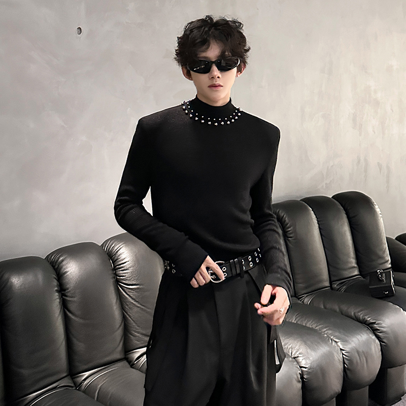 垫肩针织衫潮牌长袖T打底衫半高领镶珍珠痞帅小众毛衣2270P58，男装T恤，电商A070