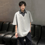 假两件潮流V领拼接衬衫领垂感T恤宽松百搭polo衫短袖CD1083P48，男装T恤，电商A070