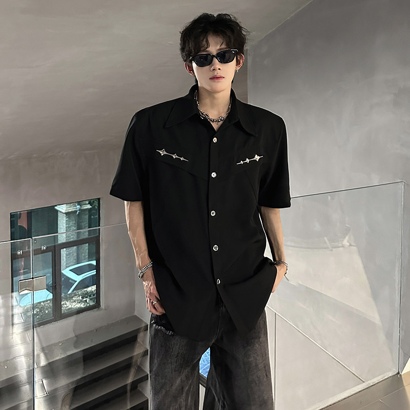 垫肩小众金属解构短袖衬衣高级感痞帅廓形潮男半袖衬衫CS936P58,男装T恤,电商A070