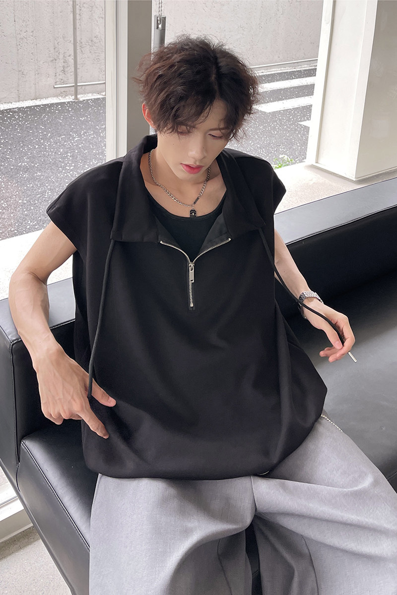 设计师款翻领拉链短袖特宽松背心A1026P40,男装背心/马甲,电商A070