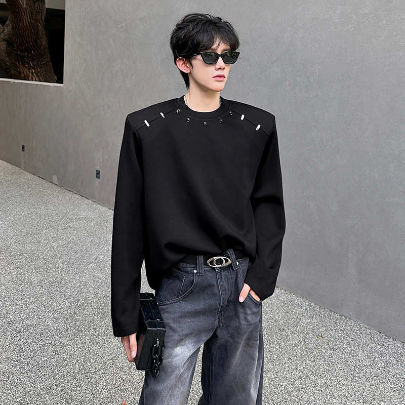 垫肩设计款小众金属装饰卫衣潮男重工T恤宽松男长袖CD2265P55，男装T恤，电商A070