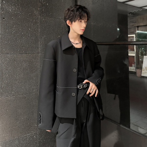 垫肩短款外套男高级感痞帅春秋男模穿搭英伦雅痞男装韩系翻领夹克图片