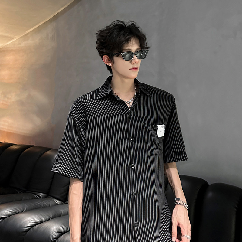 韩系抗皱夏季新款宽松衬衣冰丝潮牌男条纹短袖衬衫CS935P48,男装衬衫,电商A070