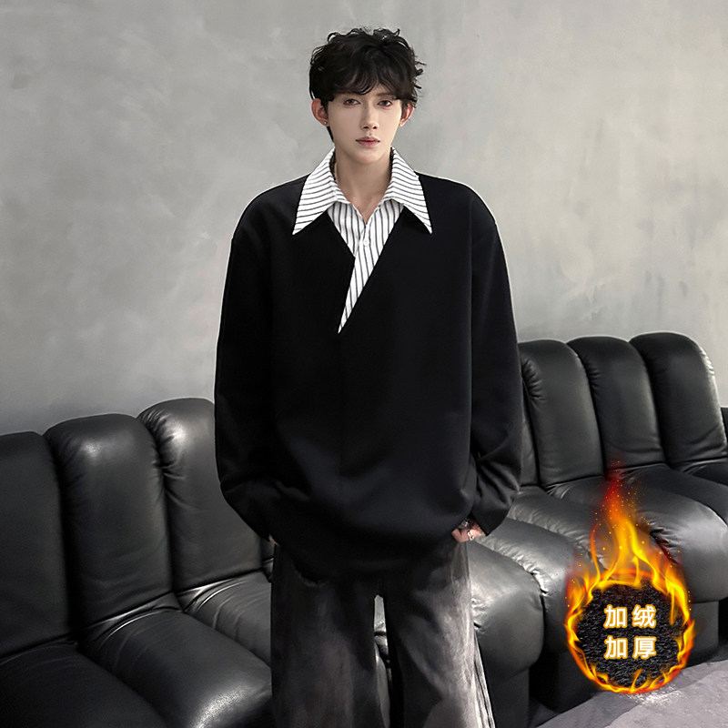 假两件V领拼接条纹衬衫领T恤潮男宽松长袖2262P55加绒P60，男装T恤，电商A070