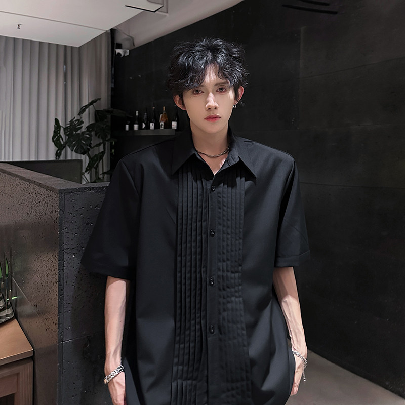 垫肩小众设计感短袖衬衣高级感立体廓形痞帅韩版男衬衫CS933P58,男装T恤,电商A070