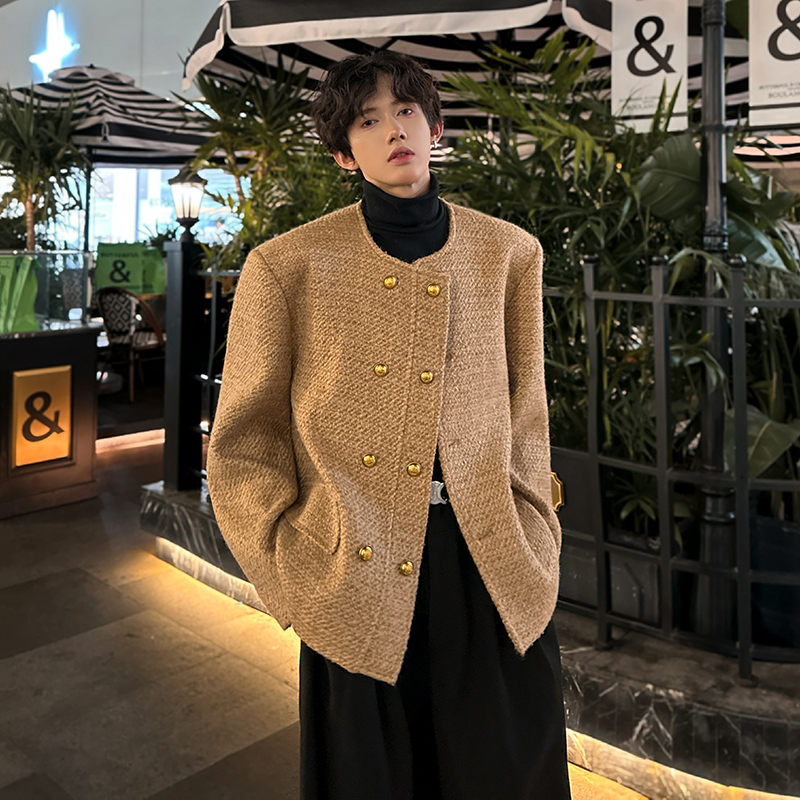 垫肩款高定小香风双排扣西服外套轻奢短款男毛呢夹克JK359P128，男装夹克，电商A070