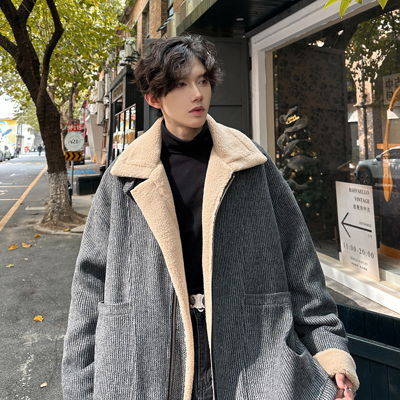 羊羔绒设计感冬棉服男宽松加厚保暖毛呢棉袄外套棉衣312P128,男装棉衣,电商A070