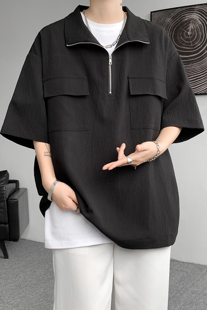 小香风立领夏季压绉宽松拉链男五分短袖T恤CD1025P40,男装T恤,电商A070
