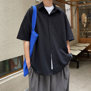 华夫格纯色宽松衬衣帅气港风男薄款泡泡短袖白衬衫 CS912 P38图片