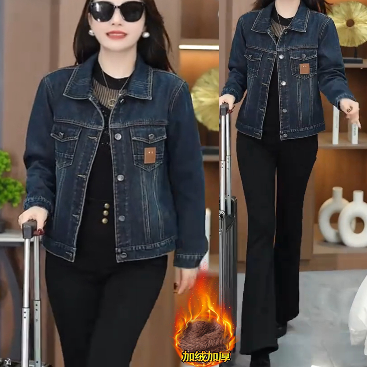 时尚加绒加厚牛仔外套女