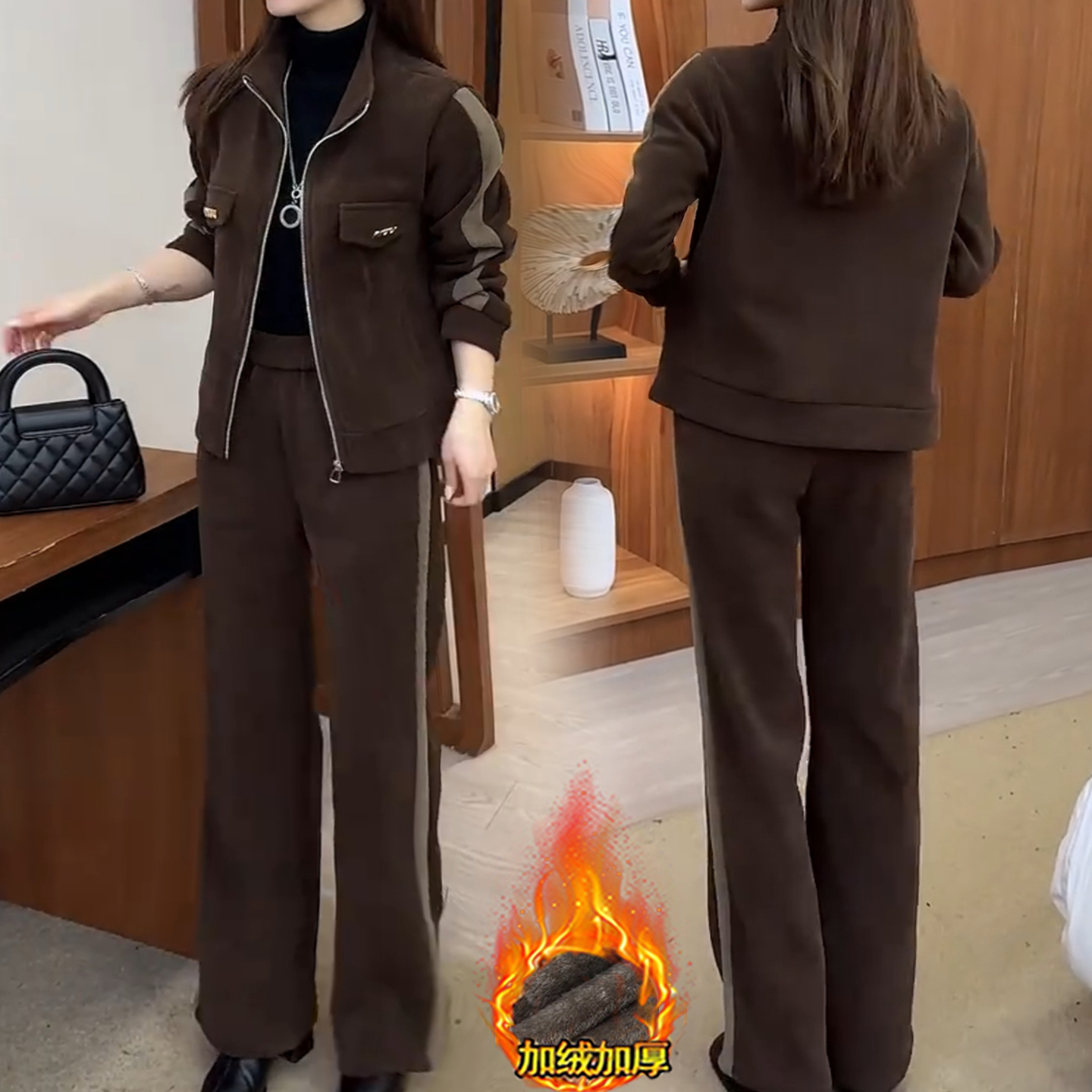 时尚显瘦保暖立领外套阔腿裤套装