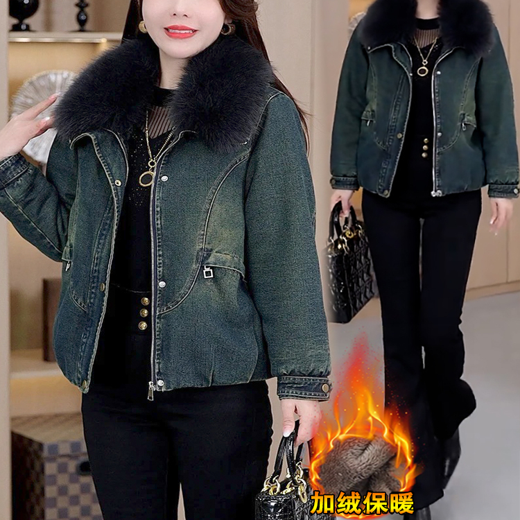 时尚加绒加厚毛领牛仔棉衣外套
