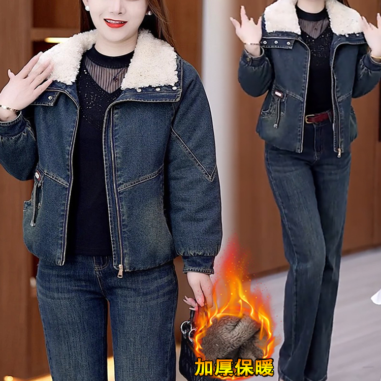 冬季加绒加厚牛仔短外套女显瘦