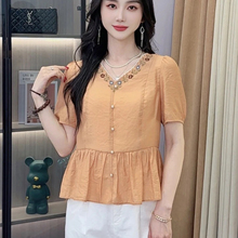 2025新款法式气质轻奢高级感雪纺娃娃衫上衣黄色v领短袖衬衫女夏