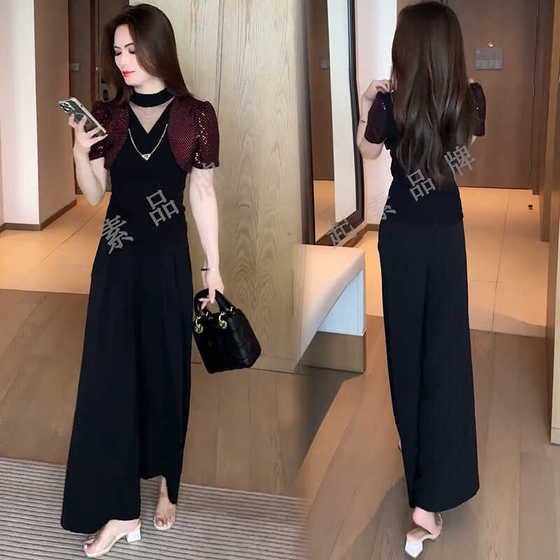 时尚套装女2025夏季新款气质显瘦设计感拼接上衣阔腿裤休闲两件套