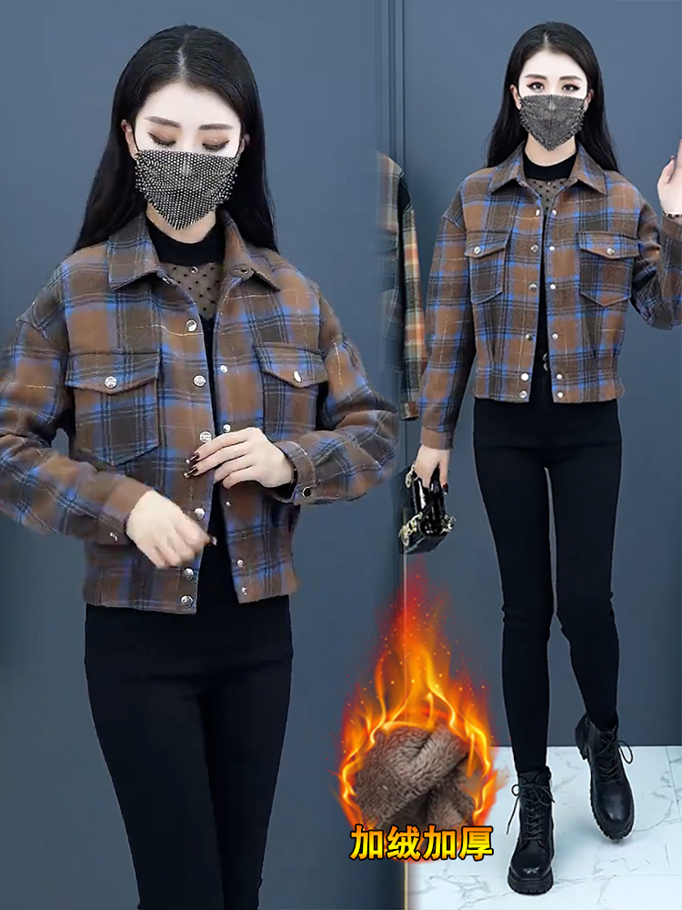 加绒格子短款外套女2023秋