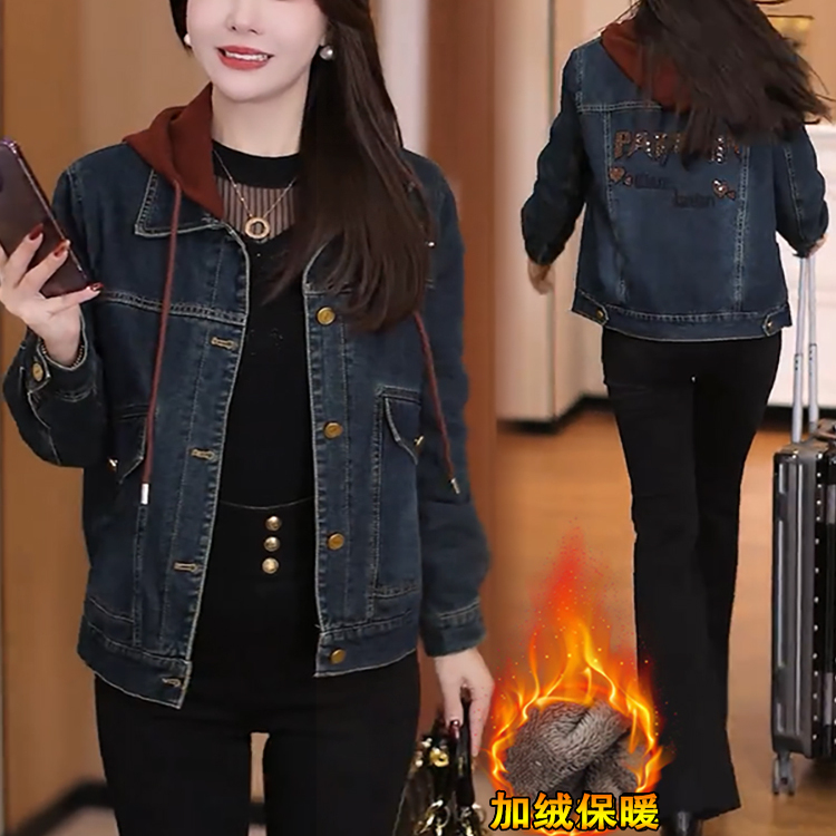 时尚加绒加厚连帽牛仔短外套