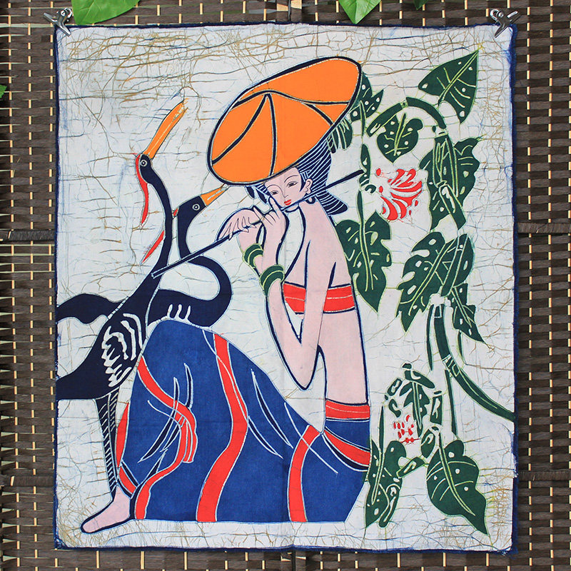 中号蜡染画云南傣族特色布画客厅卧室装饰画棉布手工挂画鹤与少女