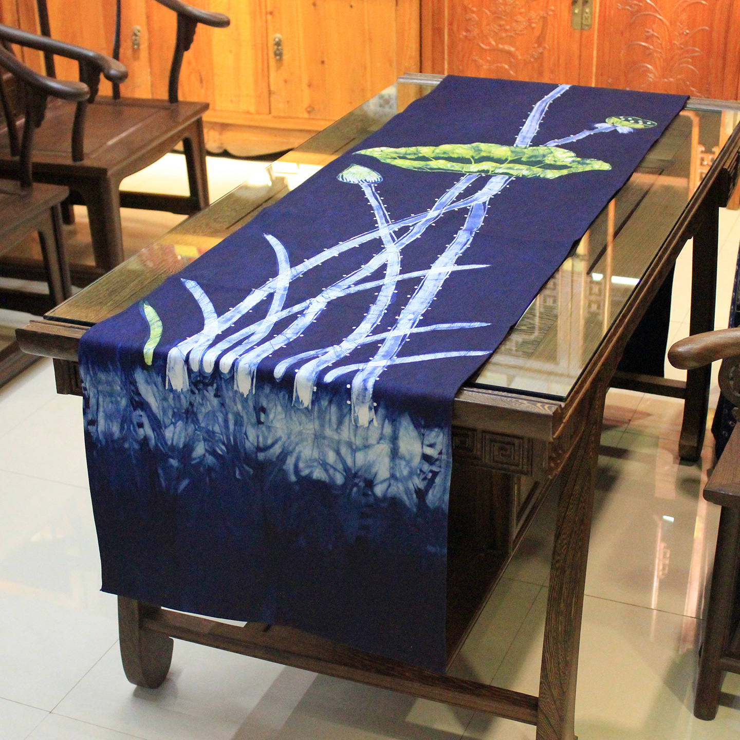蓝染桌旗蜡染中式茶几茶席