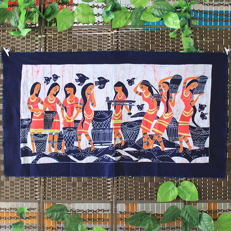 民族蜡染装饰画佤族少女餐厅酒吧客栈背景布画挂画纯棉手工艺壁挂图片