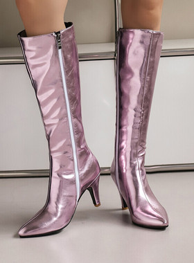 舞台表演皮靴细高跟高筒靴女金色银色灰色粉红色靴子大码女靴JYX