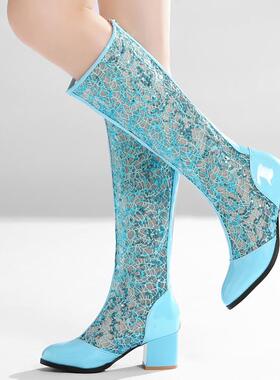 鞋子米色女鞋白色靴蓝色靴子粗跟网靴单鞋大码靴子小码女靴  CHD