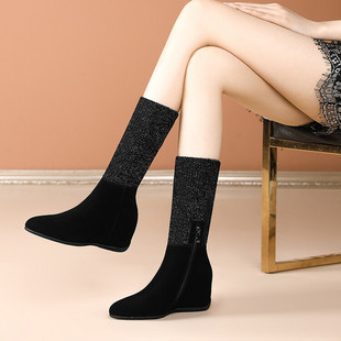 秋冬季皮靴内增高弹力瘦瘦靴圆头内增高中跟中筒靴女磨砂真皮靴ZB