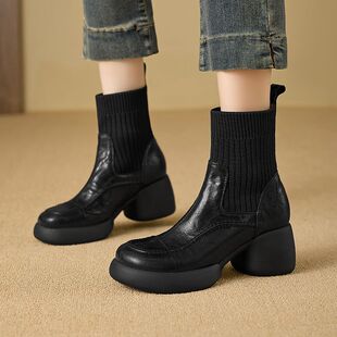 厚底皮靴圆头粗跟高跟短靴女秋冬季弹力靴袜靴棕色靴子真皮女靴ZC