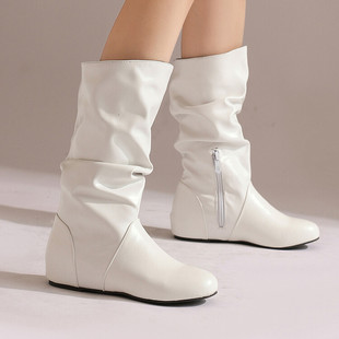 秋冬皮靴坡跟内增高中跟中筒女蓝色绿色紫色红色白色靴子大码YGP