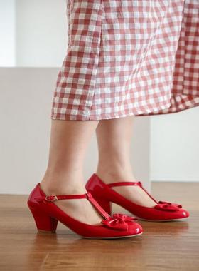 鞋女女鞋婚鞋红色黄色粉色尖头粗跟高跟大码女鞋小码单鞋  48 msz