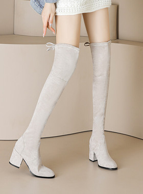 秋冬绒面圆头单靴粗跟高跟过膝长靴浅灰色靴子弹力瘦瘦靴长筒鞋KM
