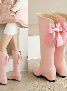 甜美公主内增高高跟高筒粉色靴子女秋冬女鞋蝴蝶结大码女靴 BBGZ