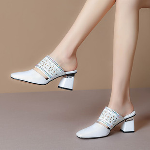 牛皮真皮包头半拖鞋 2023年新款 女粗跟高跟凉拖鞋 白色拖鞋 JZX 夏季