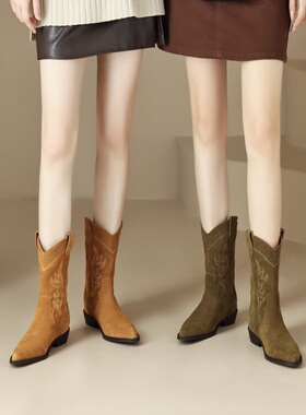 磨砂真皮女靴粗跟中跟西部靴牛仔靴刺绣短靴墨绿色土黄色大码 KTH